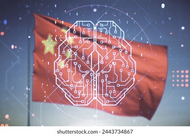 Virtual creative artificial Intelligence hologram with human brain sketch on Chinese flag and sunset sky background. Double exposure