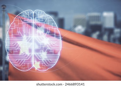 Virtual creative artificial Intelligence hologram with human brain sketch on flag of China and blurry skyscrapers background. Multiexposure