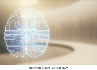 Virtual creative artificial Intelligence hologram with human brain sketch on empty corporate office background. Multiexposure