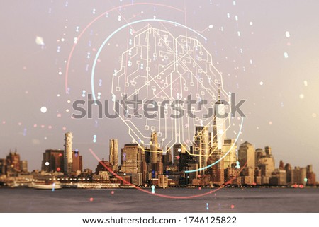 Virtual creative artificial Intelligence hologram with human brain sketch on New York cityscape background. Double exposure