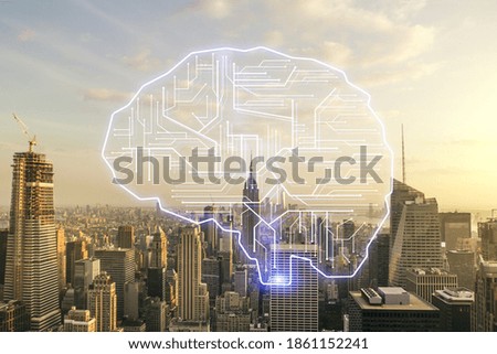 Virtual creative artificial Intelligence hologram with human brain sketch on New York cityscape background. Double exposure