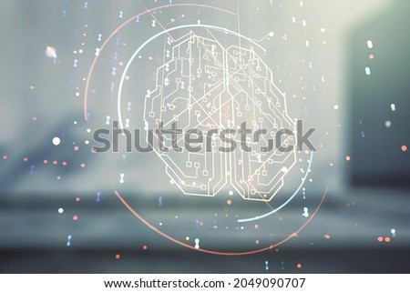Virtual creative artificial Intelligence hologram with human brain sketch on blurry contemporary office building background. Double exposure