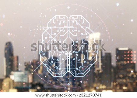 Virtual creative artificial Intelligence hologram with human brain sketch on blurry skyline background. Multiexposure