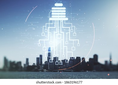 Virtual creative idea concept with light bulb and microcircuit illustration on San Francisco skyline background. Neural networks and machine learning concept. Multiexposure