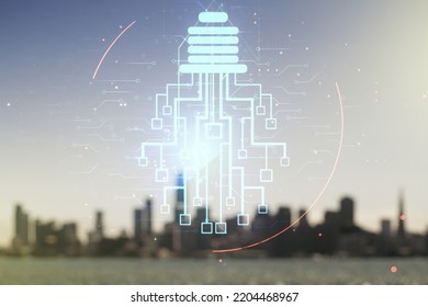 Virtual creative idea concept with light bulb and microcircuit illustration on blurry skyline background. Neural networks and machine learning concept. Multiexposure