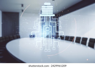 Virtual creative idea concept with light bulb and microcircuit illustration on a modern conference room background. Neural networks and machine learning concept. Multiexposure