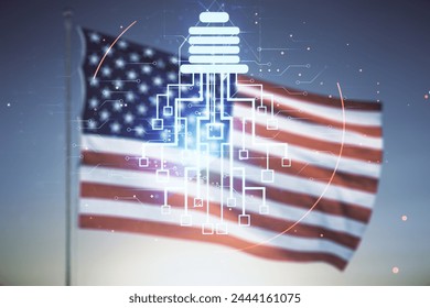 Virtual creative idea concept with light bulb and microcircuit illustration on USA flag and sunset sky background. Neural networks and machine learning concept. Multiexposure