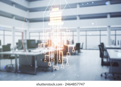 Virtual creative idea concept with light bulb and microcircuit illustration on a modern furnished office background. Neural networks and machine learning concept. Multiexposure