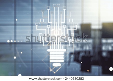 Virtual creative idea concept with light bulb and microcircuit illustration on a modern conference room background. Neural networks and machine learning concept. Multiexposure