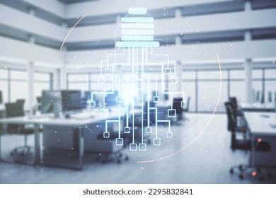 Virtual creative light bulb with chip hologram on a modern furnished office interior background, artificial Intelligence and neural networks concept. Multiexposure