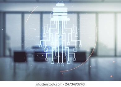 Virtual creative light bulb with chip hologram on a modern boardroom background, artificial Intelligence and neural networks concept. Multiexposure