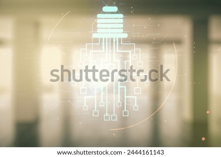 Virtual creative light bulb illustration with microcircuit on empty room interior background, future technology concept. Multiexposure