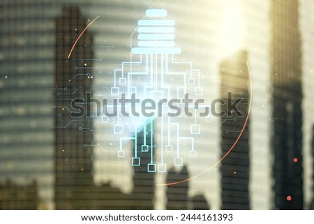 Virtual creative light bulb illustration with microcircuit on modern architecture background, future technology concept. Multiexposure