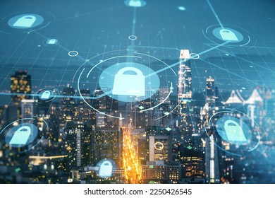 Virtual creative lock illustration with microcircuit on San Francisco cityscape background, cyber security concept. Multiexposure