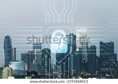 Virtual creative lock illustration with microcircuit on Los Angeles cityscape background, cyber security concept. Multiexposure