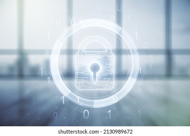 Virtual creative lock sketch with chip hologram on empty classroom background, protection of personal data concept. Multiexposure