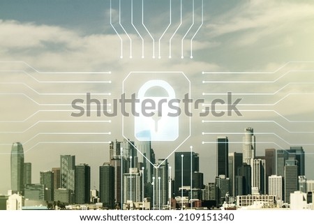 Virtual creative lock sketch with chip hologram on Los Angeles office buildings background, protection of personal data concept. Multiexposure