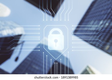 Virtual creative lock symbol and microcircuit illustration on office buildings background. Protection and firewall concept. Multiexposure