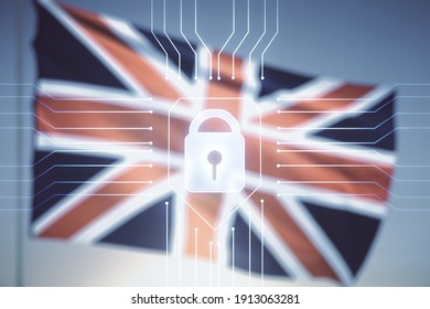 Virtual Creative Lock Symbol And Microcircuit Illustration On Flag Of Great Britain And Sunset Sky Background. Protection And Firewall Concept. Multiexposure