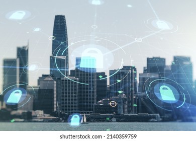 Virtual creative lock symbol and microcircuit illustration on San Francisco skyline background. Protection and firewall concept. Multiexposure