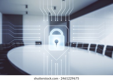 Virtual creative lock symbol and microcircuit illustration on a modern conference room background. Protection and firewall concept. Multiexposure