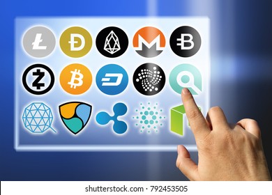 Virtual cryptocurrency - financial technology and internet money - exchange rates and coin signs 