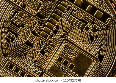 Virtual Cryptocurrency Money Bitcoin Golden Coin Super Macro Photography.