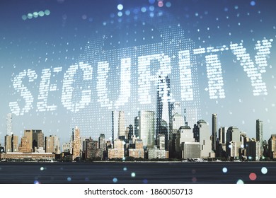 Virtual cyber security creative concept on New York city office buildings background. Double exposure