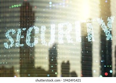 Virtual cyber security creative concept on blurry cityscape background. Double exposure