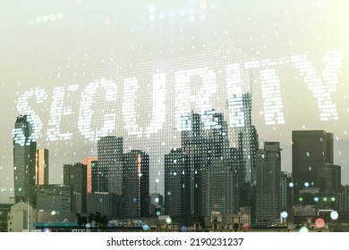 Virtual cyber security creative concept on Los Angeles city skyline background. Double exposure