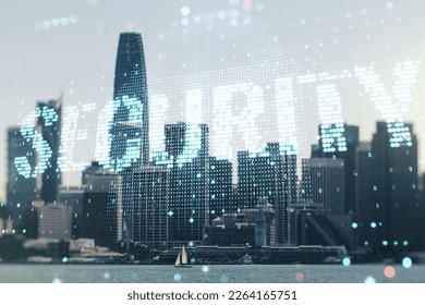 Virtual cyber security creative concept on San Francisco city skyline background. Double exposure