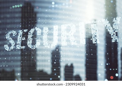 Virtual cyber security creative concept on blurry cityscape background. Double exposure