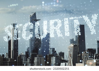 Virtual cyber security creative concept on New York city office buildings background. Double exposure