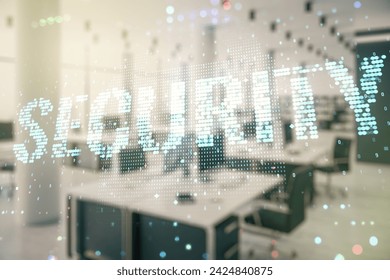 Virtual cyber security creative concept on a modern furnished office background. Double exposure