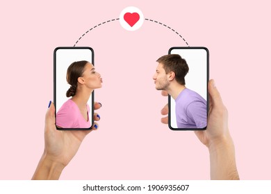 Virtual Date, Celebrating Valentine's Day Online. Creative collage of young couple blowing virtual air kissing from the screen of their smartphones, boyfriend and girlfriend holding gadgets - Powered by Shutterstock