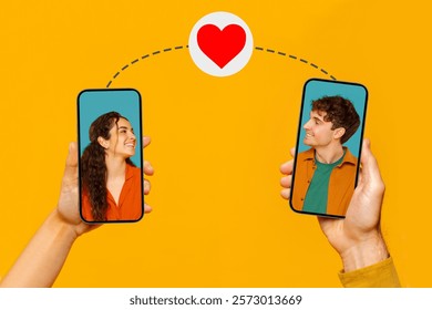 Virtual date. Creative collage of young couple on the screens of smartphones, connected with string and heart, yellow background