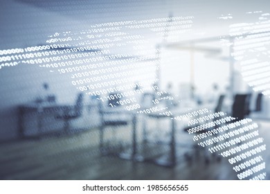 Virtual digital map of North America on a modern furnished office background, international trading concept. Multiexposure