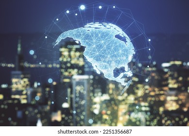 Virtual digital map of North America on blurry skyline background, international trading concept. Multiexposure - Shutterstock ID 2251356687