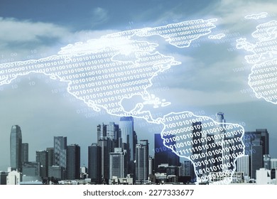 Virtual digital map of North America on Los Angeles skyline background, international trading concept. Multiexposure