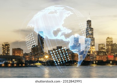 Virtual digital map of North America on Chicago skyline background, international trading concept. Multiexposure