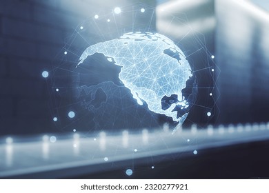 Virtual digital map of North America on blurry modern office building background, international trading concept. Multiexposure