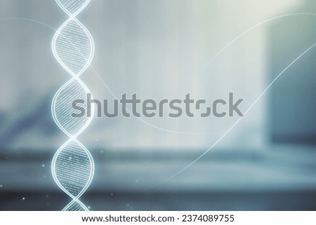Virtual DNA symbol illustration on blurry modern office building background. Genome research concept. Multiexposure