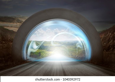 Virtual door on gateway arch to entrance mountains landscape. New life or beginning concept