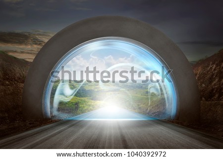 Virtual door on gateway arch to entrance mountains landscape. New life or beginning concept