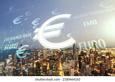 Virtual EURO Symbols Sketch On Chicago Office Buildings Background, Strategy And Forecast Concept. Multiexposure