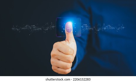 Virtual fingerprint thumbs up to scan biometric identities and fingerprint access passwords for technological security concepts. Digital transformation change management internet of things.