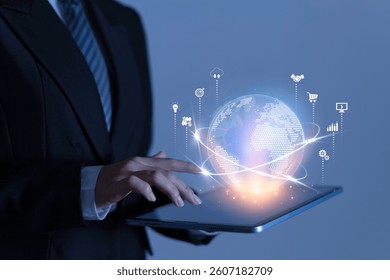 Virtual Global Internet connection. Business technology and digital marketing. Financial, banking, big data, e-commerce, cloud computing, solution of creating new opportunities.