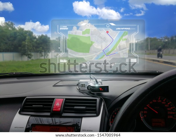 Virtual GPS\
Map  and  creative map hologram use for navigation on the road. \
Concept for future technology in the\
car.