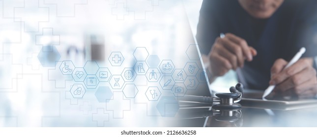 Virtual Hospital, Telemedicine, Medical Technology, Online Health, Healthcare And Medicine Concept. Doctor Using Digital Tablet With Medical Network Connection, Modern Interface, Hospital Background.