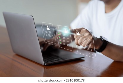 Virtual HR CV Profile Documents featuring person using a laptop while touching a floating digital interface displaying user profile summaries, career resumes, and evaluation checklists. Three digital CV or user profile documents adorned with personal avatar icons and progress checklists with green ticks